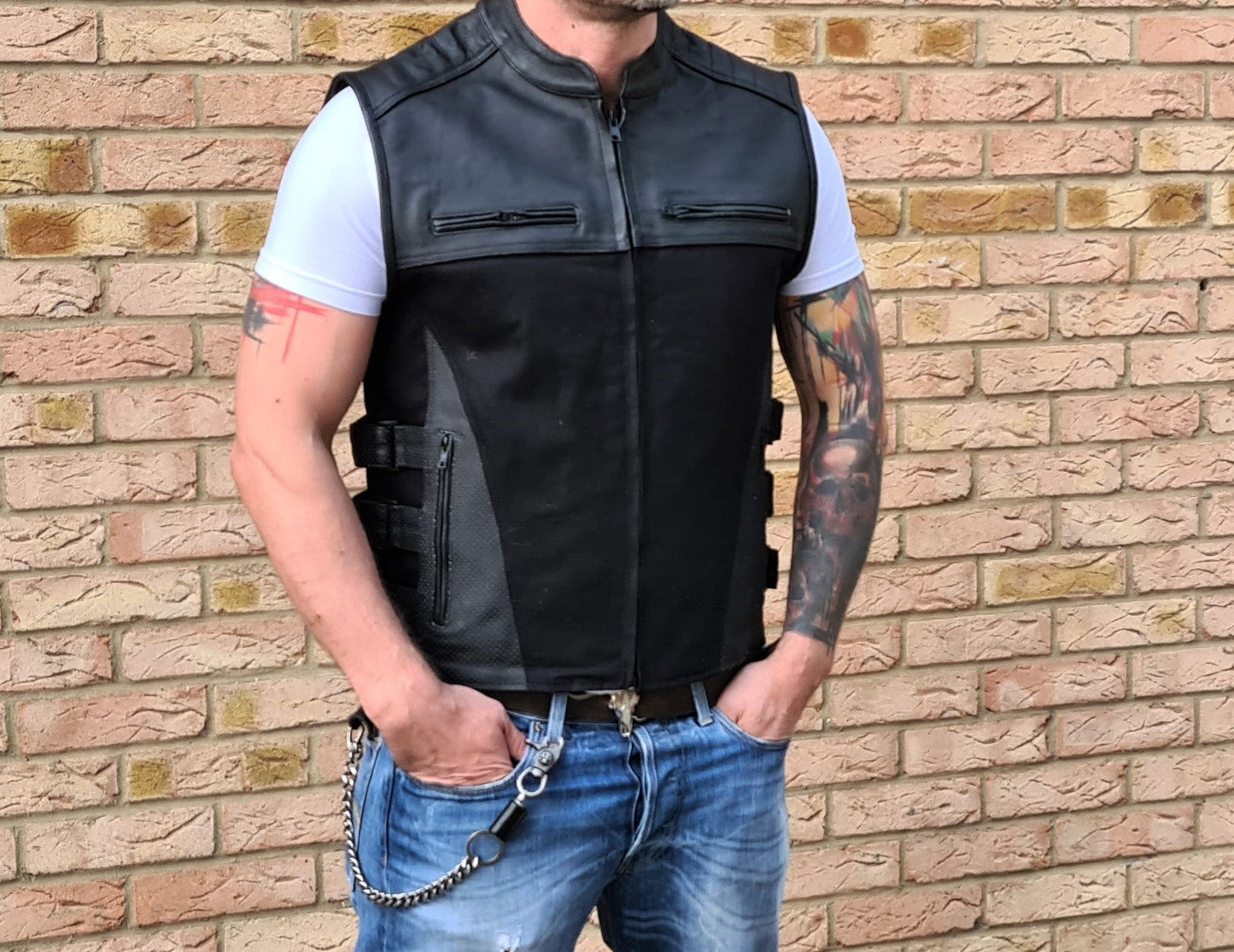 Black Side Buckles Leather & Jeans clubstyle cut / vest "Gunman"