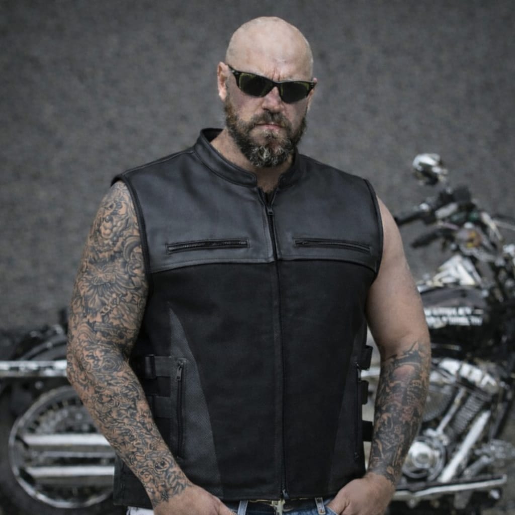 Black Side Buckles Leather & Jeans clubstyle cut / vest  "Gunman"